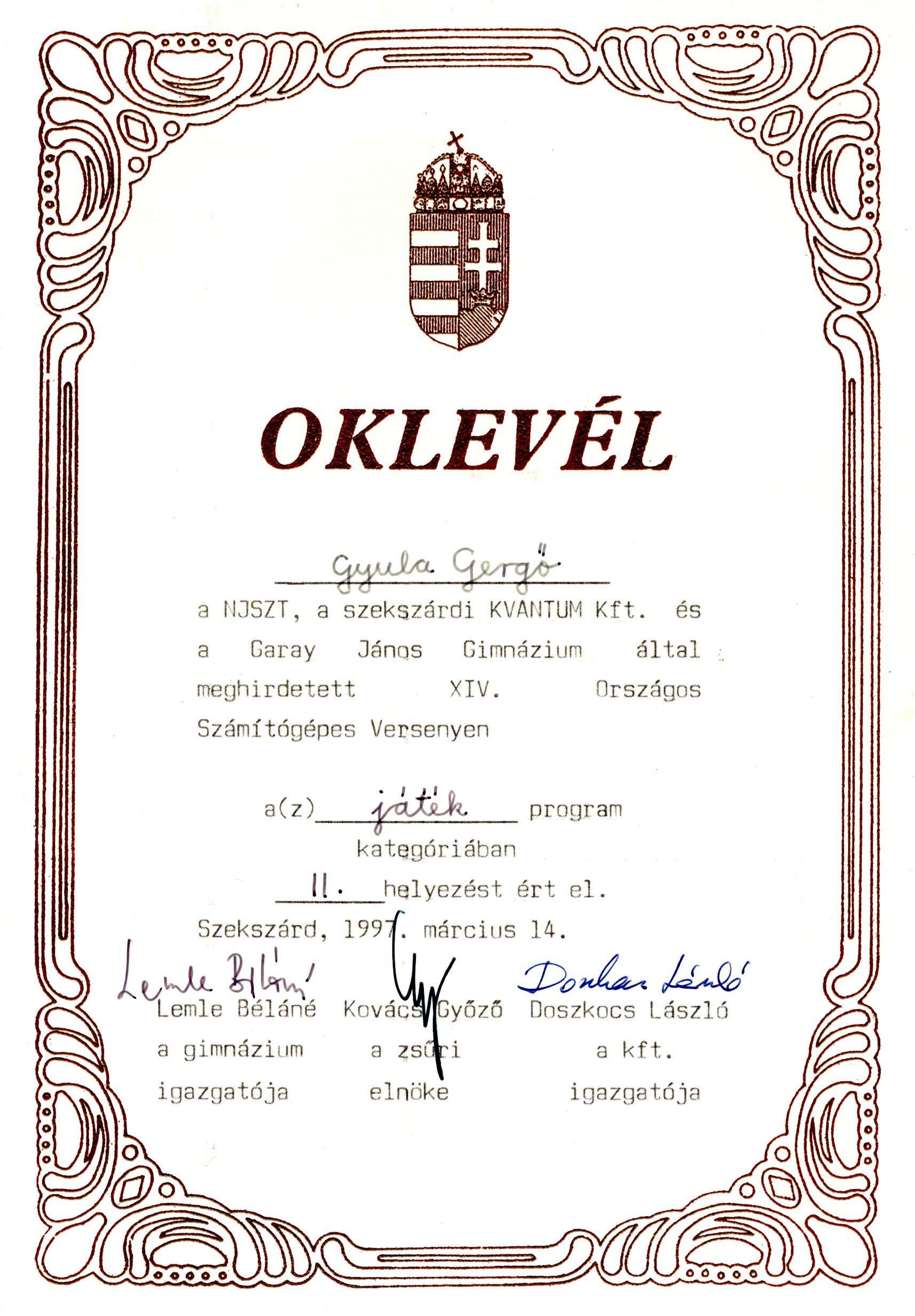 Garay verseny oklevél